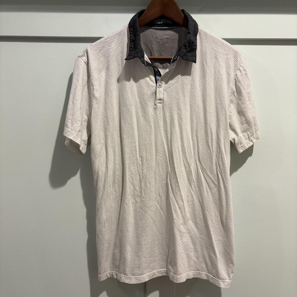 Structure Polo Shirt Mens Large Slim Fit Micro Print Contrast‎ Collar Cotton